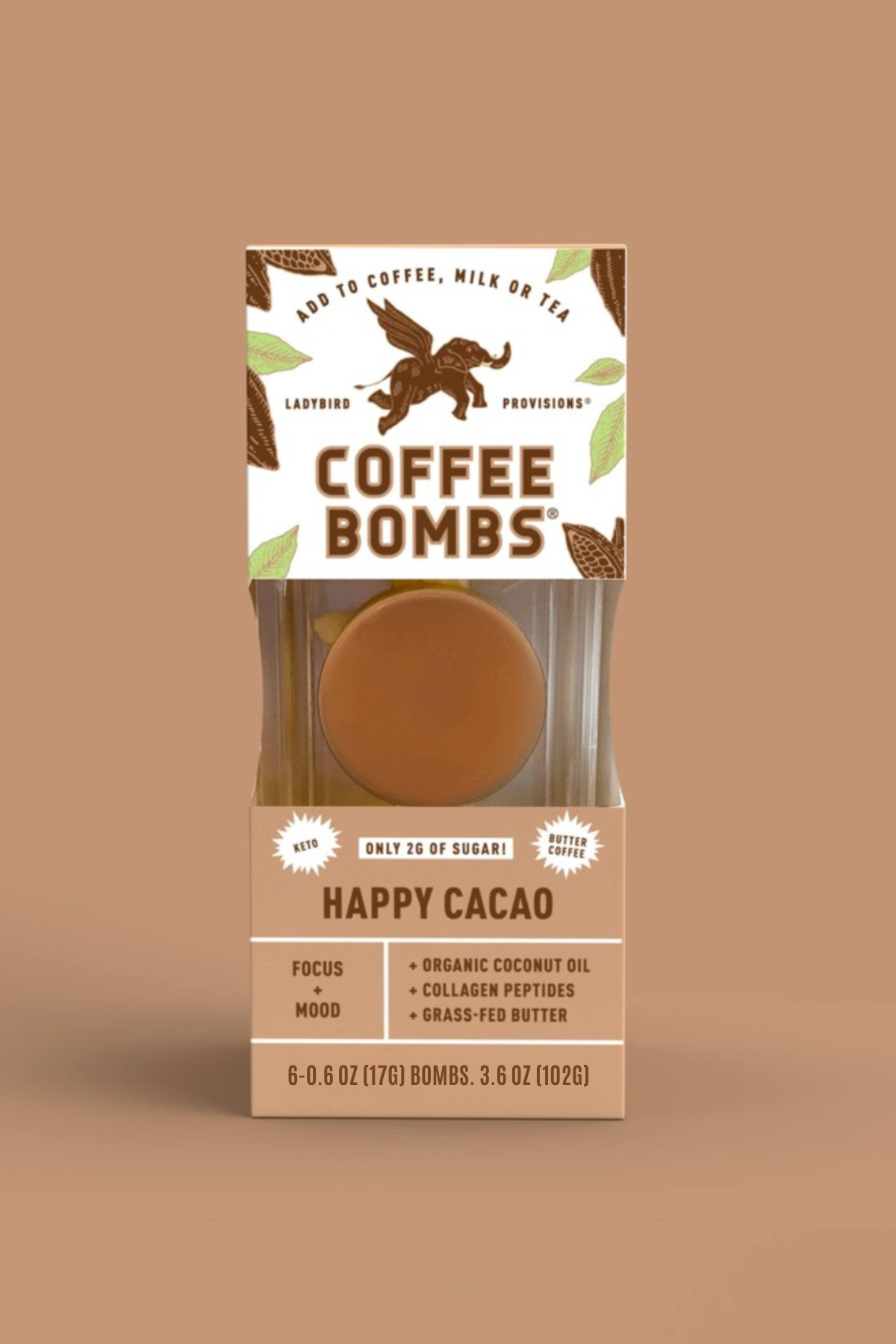 Coffee Bombs packaging with a brown background