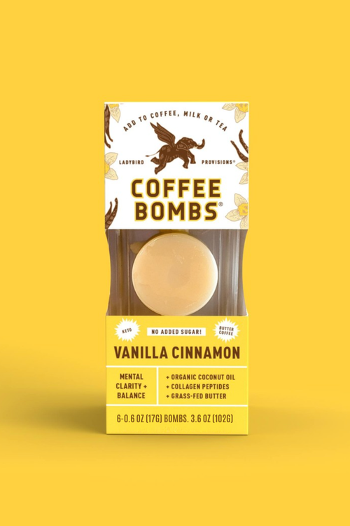 Packaging of Coffee Bombs Vanilla Cinnamon on a yellow background